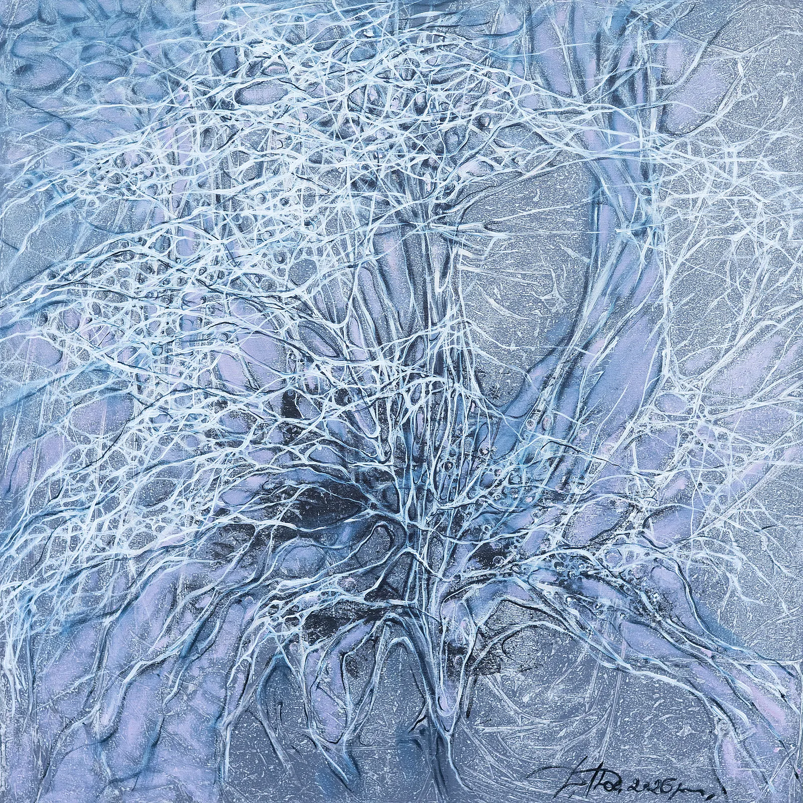 Image of Flower 1 by Liudmyla Davydenko, size: 70x70 см, made of oil/canvas, Painting medium, from Lviv, part of the Isolines series, priced at €800 Photo 1 of 2.