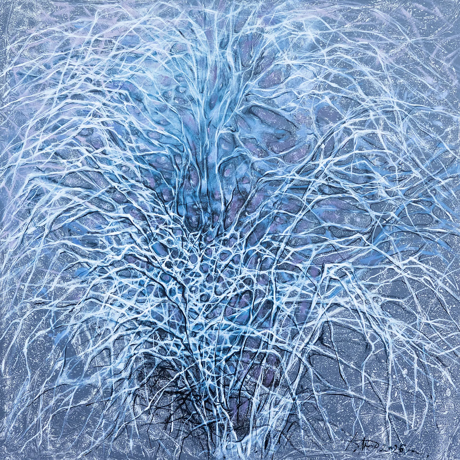 Image of Flower 2 by Liudmyla Davydenko, size: 70x70 см, made of oil/canvas, Painting medium, part of the Isolines series, priced at €800 Photo 1 of 2.