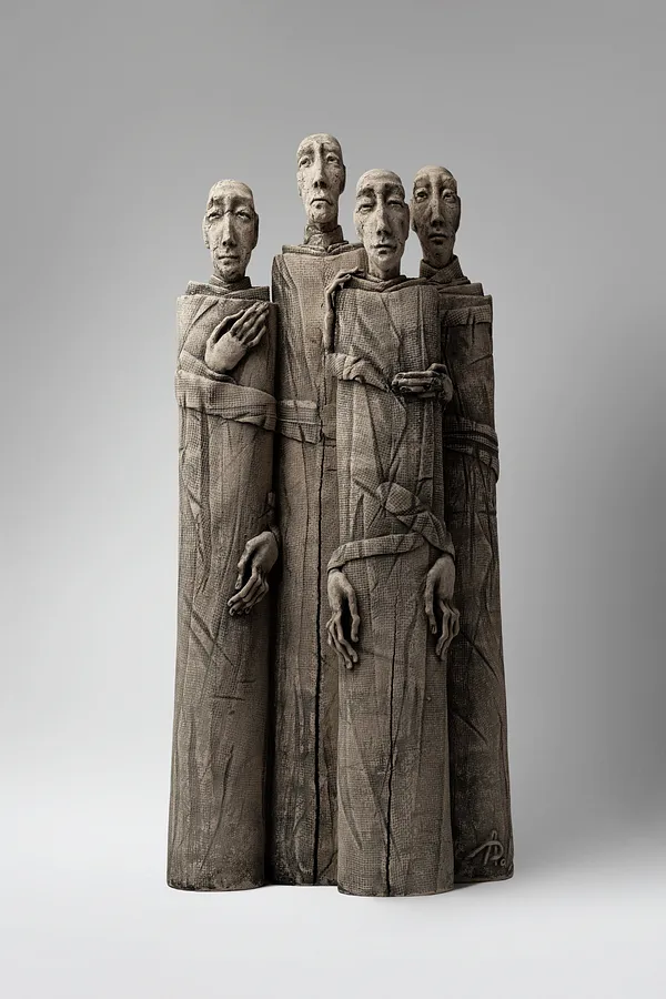 Image of One next to one by Liudmyla Davydenko, size: 54x25x11 , made of chamotte, glaze, Sculpture medium, part of the Holova/Head series, priced at €800 Photo 1 of 3.