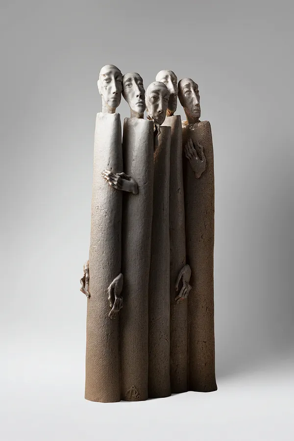 Image of One for one 2 by Liudmyla Davydenko, size: 52x12x26, made of chamotte, glaze, Sculpture medium, part of the Holova/Head series, priced at €1000 Photo 1 of 4.