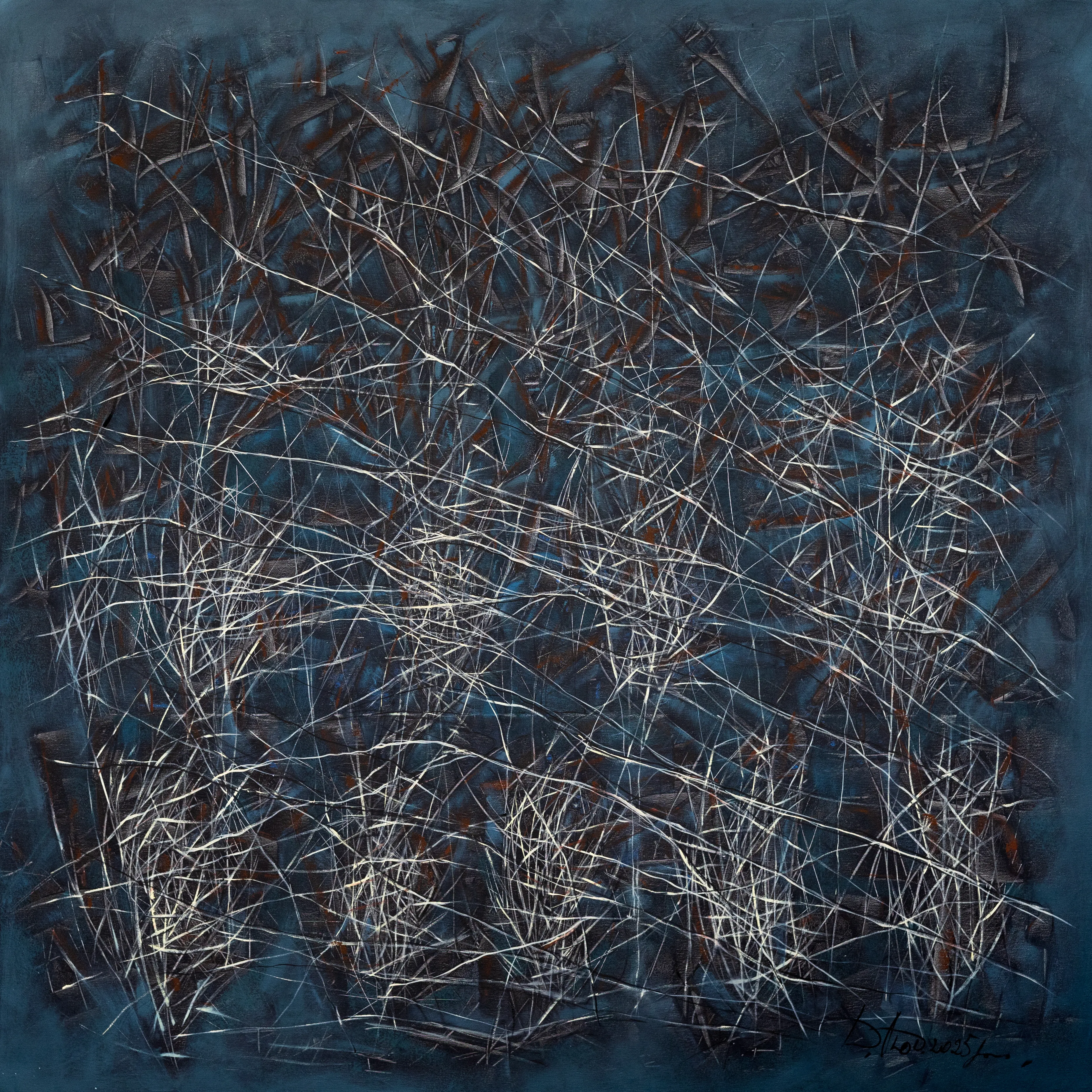 Image of The reed by Liudmyla Davydenko, size: 140x140, made of oil/canvas, Painting medium, part of the Isolines series, priced at €3000