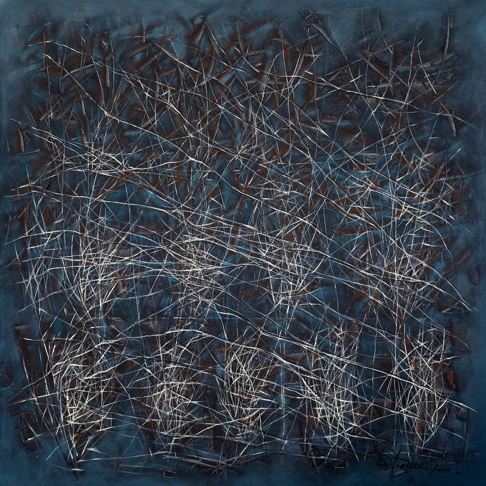 Image of The reed by Liudmyla Davydenko, size: 140x140, made of oil/canvas, Painting medium, part of the Isolines series, priced at €3000 Photo 1 of 2.