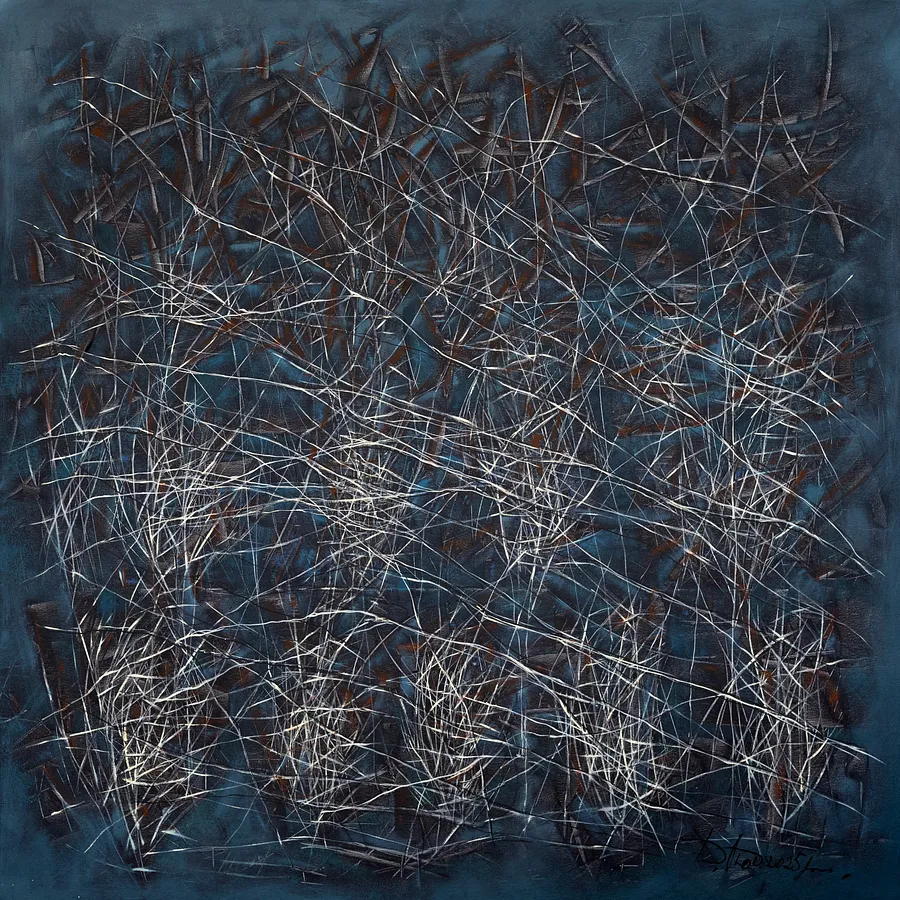 Image of The reed by Liudmyla Davydenko, size: 140x140, made of oil/canvas, Painting medium, part of the Isolines series, priced at €3000 Photo 1 of 2.