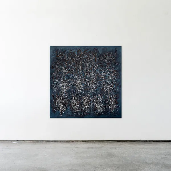 Image of The reed by Liudmyla Davydenko, size: 140x140, made of oil/canvas, Painting medium, part of the Isolines series, priced at €3000 Photo 2 of 2.